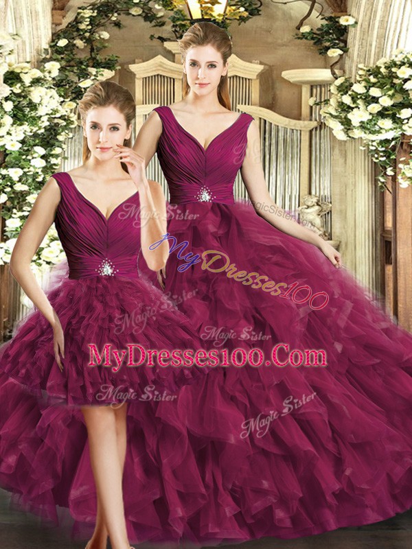 Fine Sleeveless Floor Length Beading and Ruffles Backless Quinceanera Dresses with Burgundy