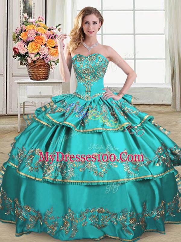 Aqua Blue Lace Up Sweetheart Embroidery and Ruffled Layers Bridesmaid Gown Satin and Organza Sleeveless
