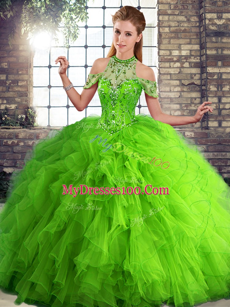 Green Sweet 16 Quinceanera Dress Military Ball and Sweet 16 and Quinceanera with Beading and Ruffles Halter Top Sleeveless Lace Up