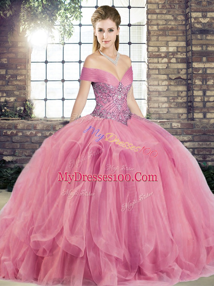 Cheap Sleeveless Floor Length Beading and Ruffles Lace Up 15th Birthday Dress with Watermelon Red