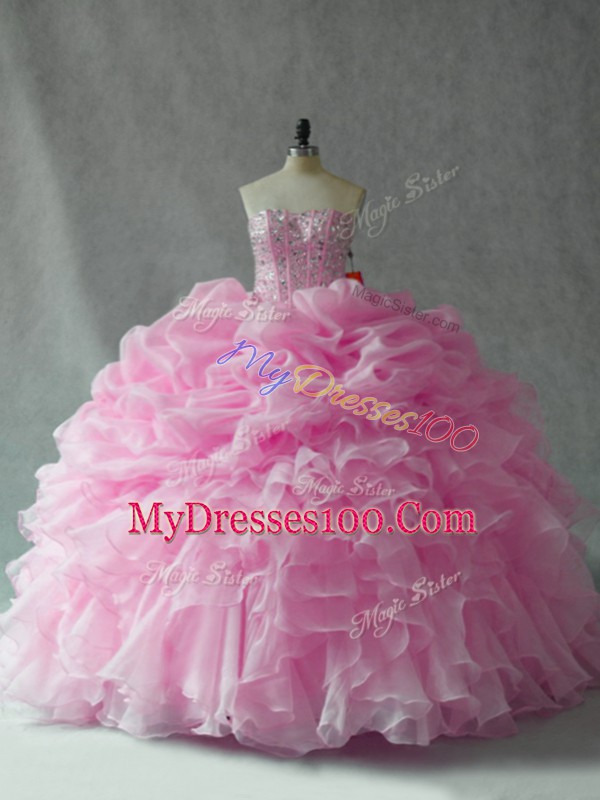 Ideal Baby Pink 15 Quinceanera Dress Organza Brush Train Sleeveless Beading and Ruffles and Pick Ups