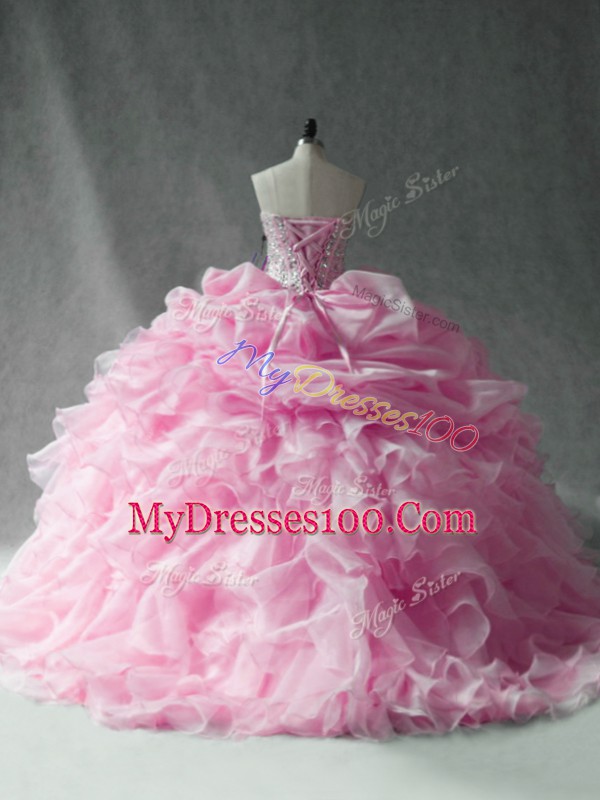 Ideal Baby Pink 15 Quinceanera Dress Organza Brush Train Sleeveless Beading and Ruffles and Pick Ups
