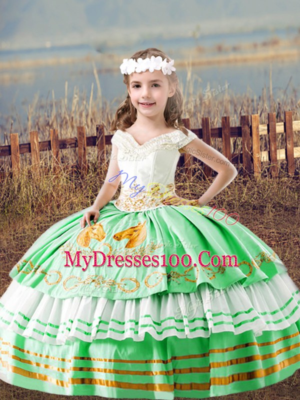 Custom Fit Floor Length Lace Up Kids Pageant Dress Green for Wedding Party with Embroidery