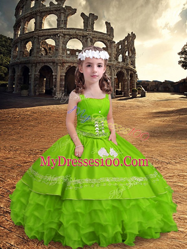 Excellent Floor Length Zipper Little Girls Pageant Dress Yellow Green for Wedding Party with Embroidery and Ruffled Layers