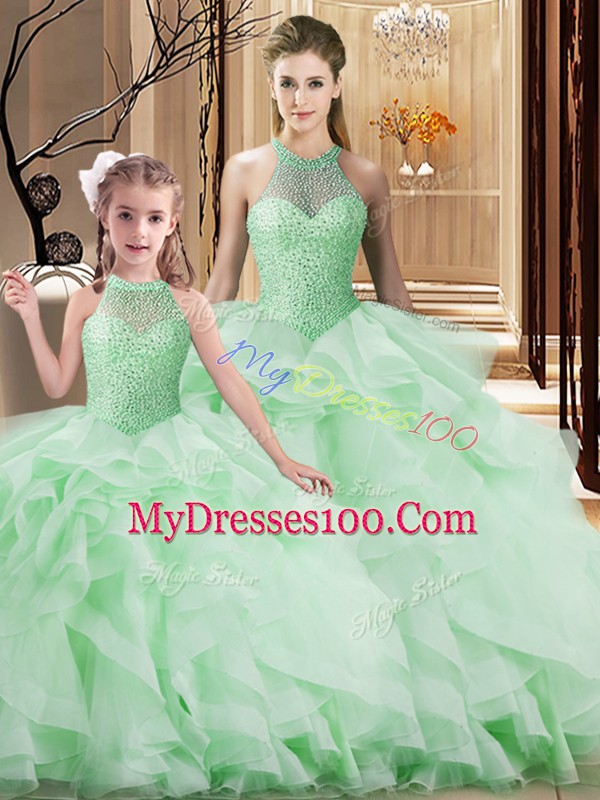 Sleeveless Brush Train Lace Up Beading and Ruffles Quinceanera Gown