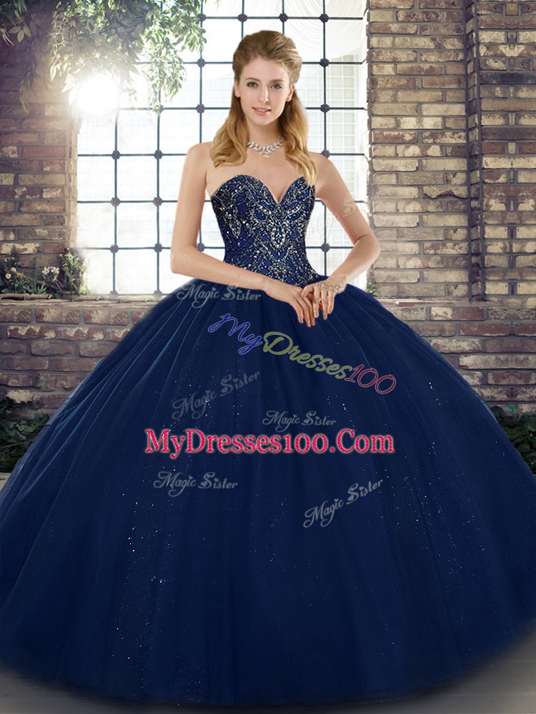 Admirable Navy Blue Ball Gown Prom Dress Military Ball and Sweet 16 and Quinceanera with Beading Sweetheart Sleeveless Lace Up