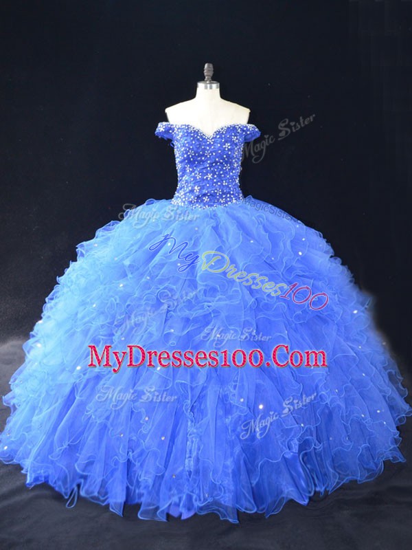 High Class Blue Off The Shoulder Neckline Beading and Ruffles Sweet 16 Quinceanera Dress Sleeveless Lace Up