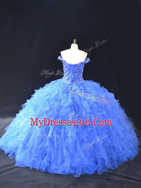High Class Blue Off The Shoulder Neckline Beading and Ruffles Sweet 16 Quinceanera Dress Sleeveless Lace Up