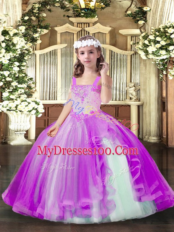 Ball Gowns Kids Formal Wear Lilac Straps Tulle Sleeveless Floor Length Lace Up