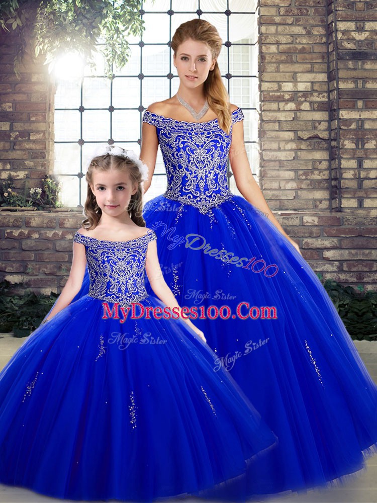 Artistic Royal Blue Off The Shoulder Lace Up Beading Quince Ball Gowns Sleeveless