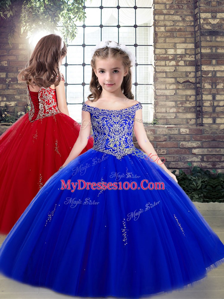 Artistic Royal Blue Off The Shoulder Lace Up Beading Quince Ball Gowns Sleeveless