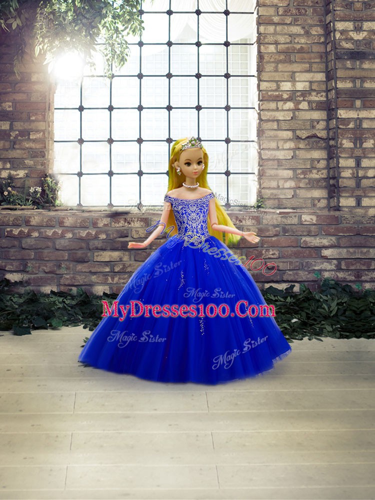Artistic Royal Blue Off The Shoulder Lace Up Beading Quince Ball Gowns Sleeveless