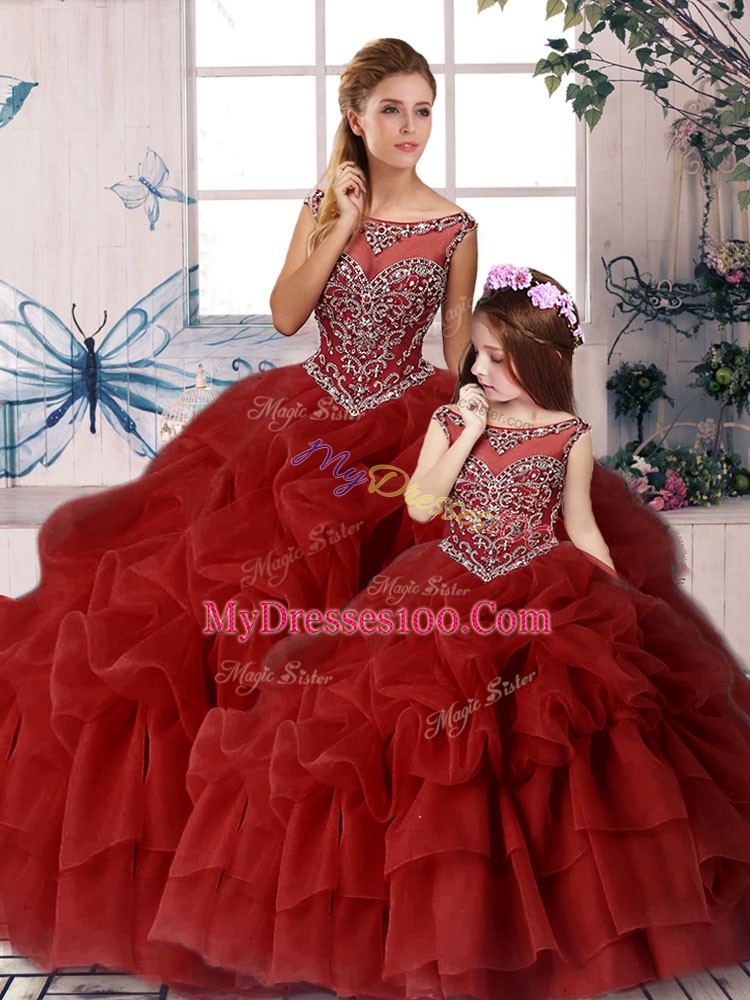 Wine Red Zipper Quinceanera Gowns Beading and Pick Ups Sleeveless Brush Train