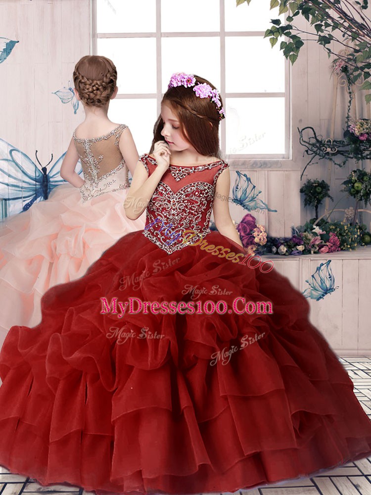 Wine Red Zipper Quinceanera Gowns Beading and Pick Ups Sleeveless Brush Train