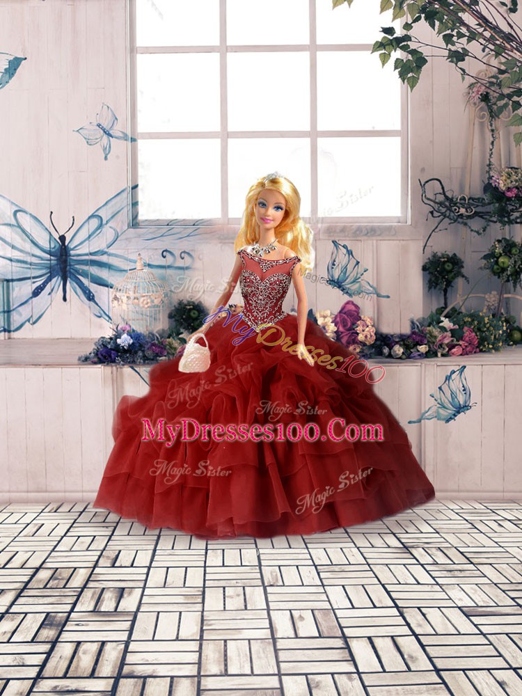 Wine Red Zipper Quinceanera Gowns Beading and Pick Ups Sleeveless Brush Train