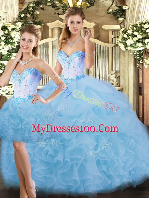 Extravagant Blue Quinceanera Dress Sweet 16 and Quinceanera with Beading and Ruffles Sweetheart Sleeveless Lace Up