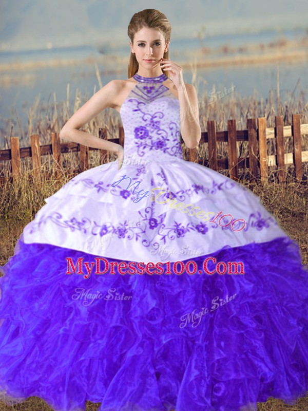 Blue Ball Gowns Organza Halter Top Sleeveless Embroidery and Ruffles Lace Up Quinceanera Gown Court Train