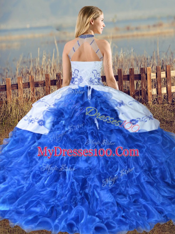 Blue Ball Gowns Organza Halter Top Sleeveless Embroidery and Ruffles Lace Up Quinceanera Gown Court Train