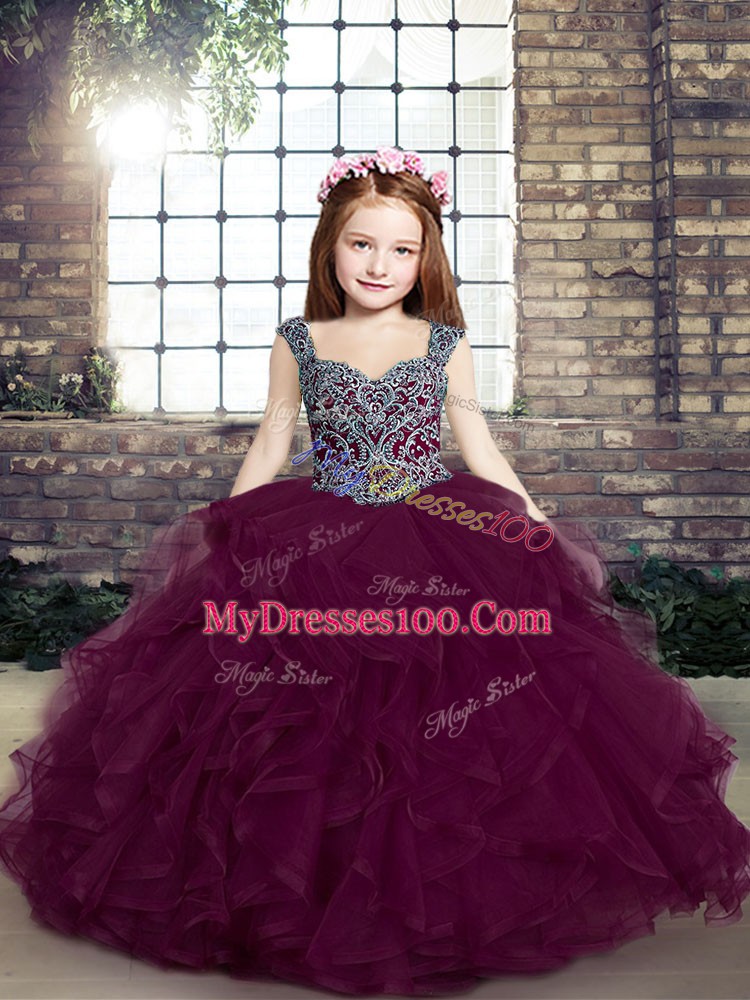 Gorgeous Purple Tulle Lace Up Little Girl Pageant Gowns Sleeveless Floor Length Beading and Ruffles