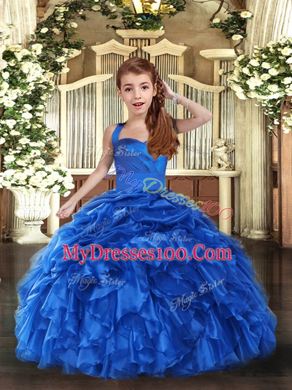 Straps Sleeveless Pageant Gowns For Girls Floor Length Ruffles Royal Blue Organza