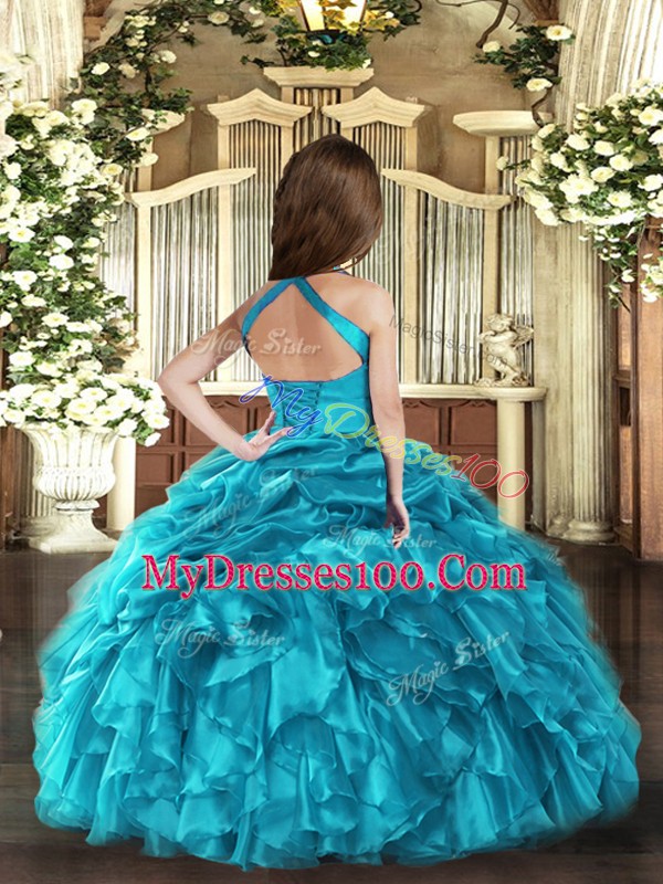 Straps Sleeveless Pageant Gowns For Girls Floor Length Ruffles Royal Blue Organza