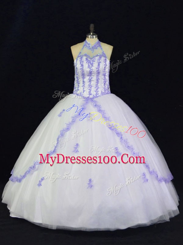 Deluxe Tulle Sleeveless Floor Length Quince Ball Gowns and Appliques