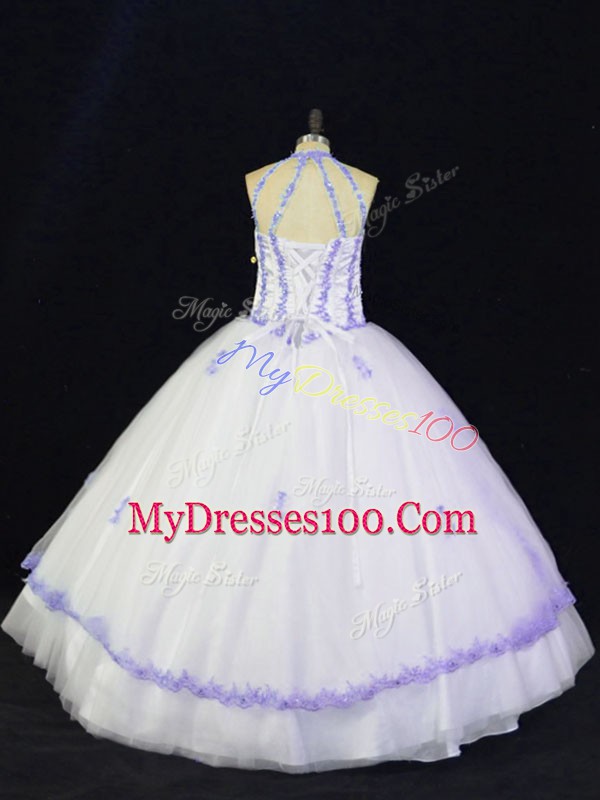 Deluxe Tulle Sleeveless Floor Length Quince Ball Gowns and Appliques