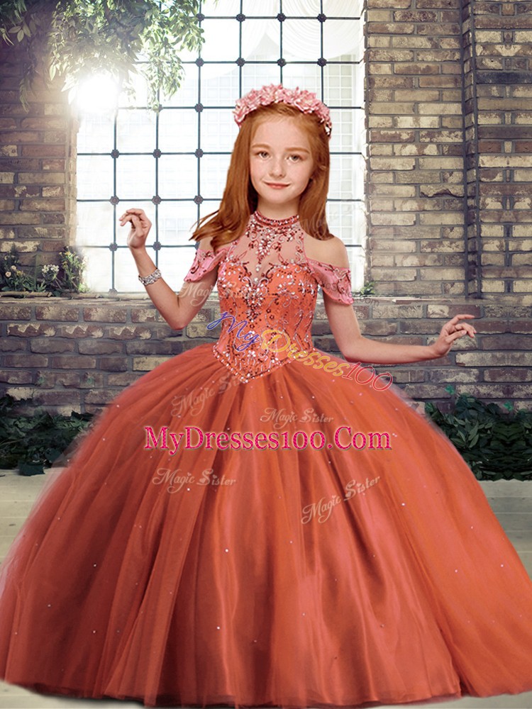 High-neck Sleeveless Lace Up Little Girl Pageant Gowns Rust Red Tulle