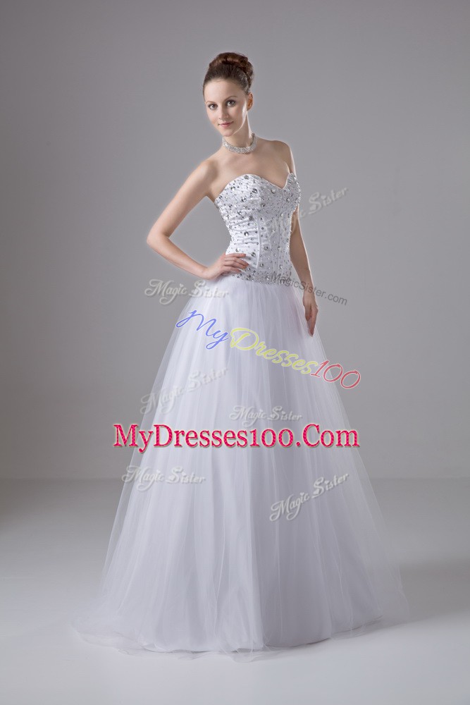 White Lace Up Wedding Dress Beading Sleeveless Floor Length