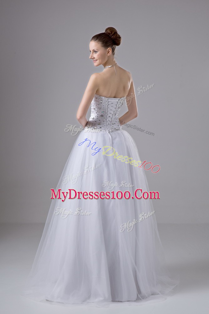 White Lace Up Wedding Dress Beading Sleeveless Floor Length