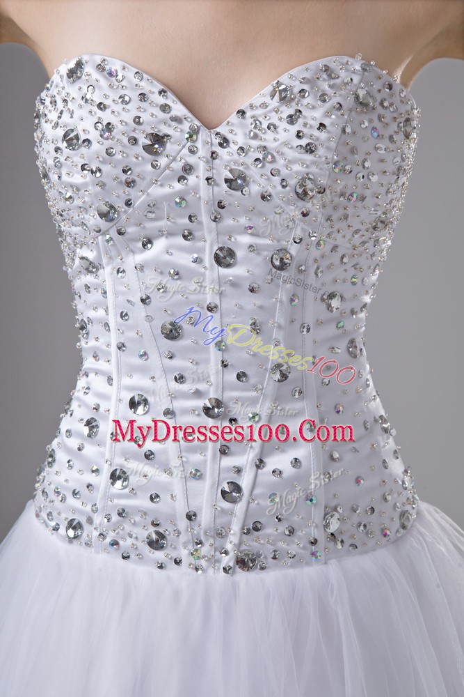 White Lace Up Wedding Dress Beading Sleeveless Floor Length