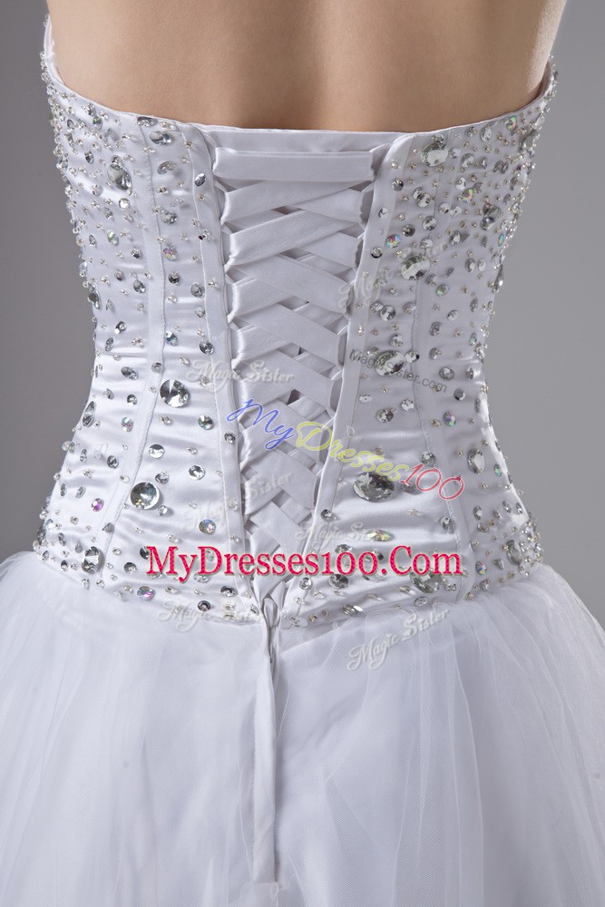 White Lace Up Wedding Dress Beading Sleeveless Floor Length