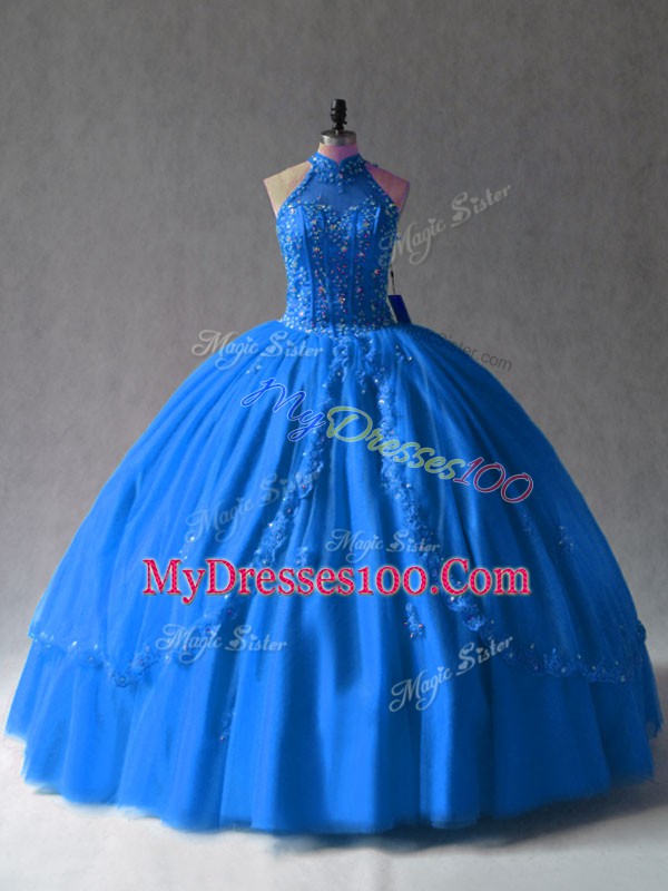 Sleeveless Floor Length Beading and Appliques Side Zipper Quinceanera Dress with Royal Blue