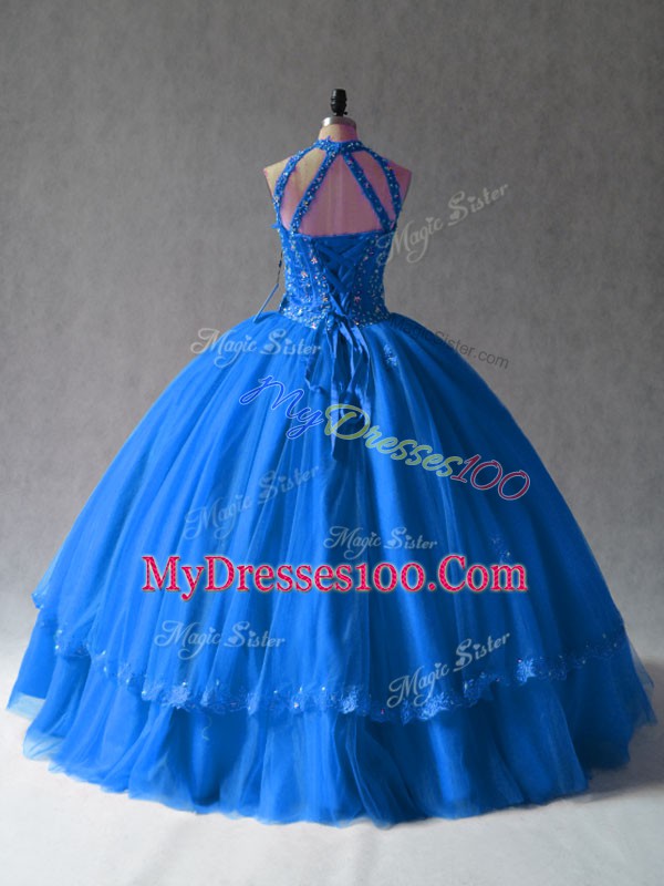 Sleeveless Floor Length Beading and Appliques Side Zipper Quinceanera Dress with Royal Blue