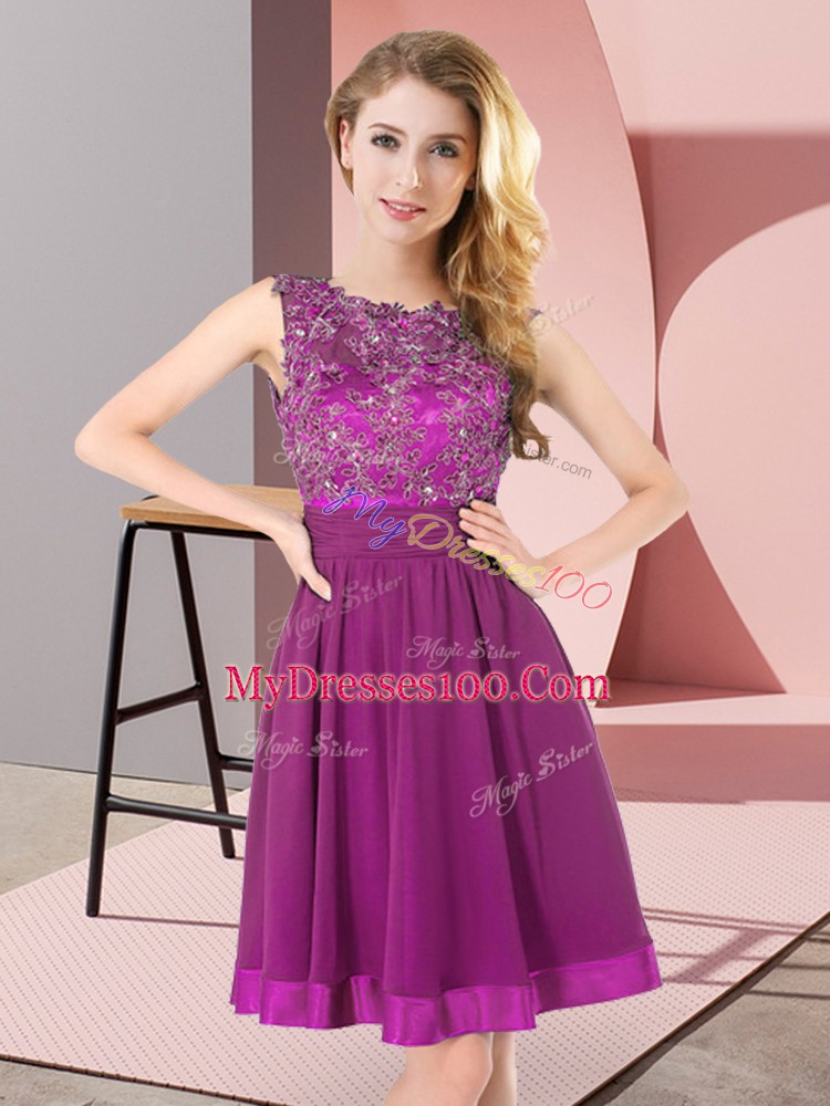 Purple Chiffon Backless Scoop Sleeveless Mini Length Bridesmaids Dress Beading and Appliques