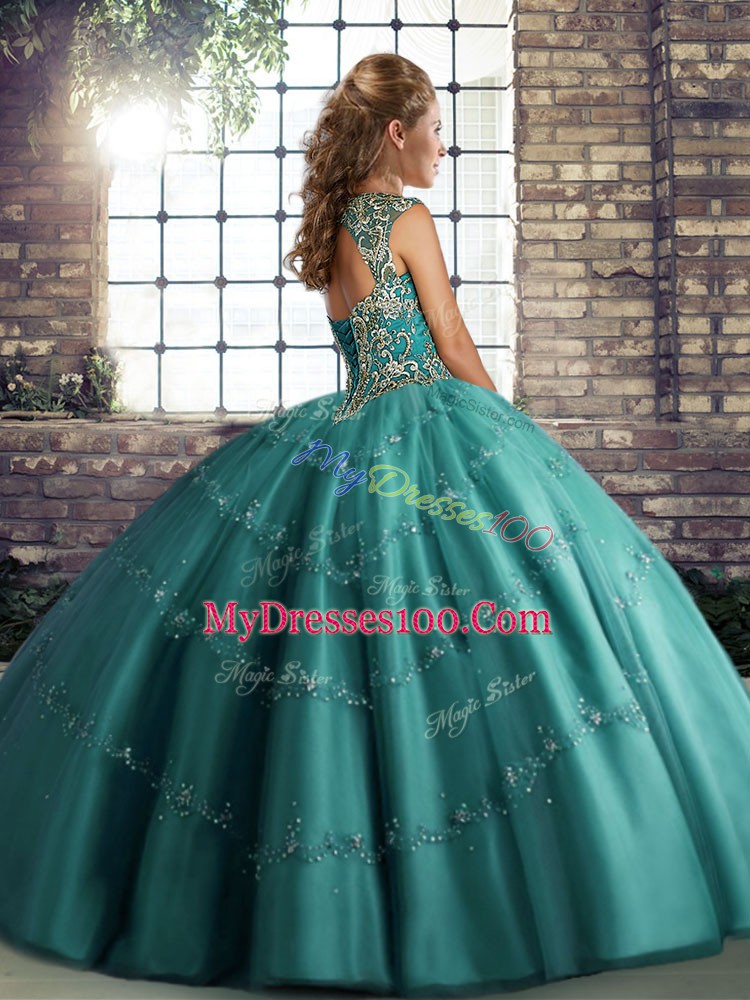 Tulle Sleeveless Floor Length Quince Ball Gowns and Beading and Appliques