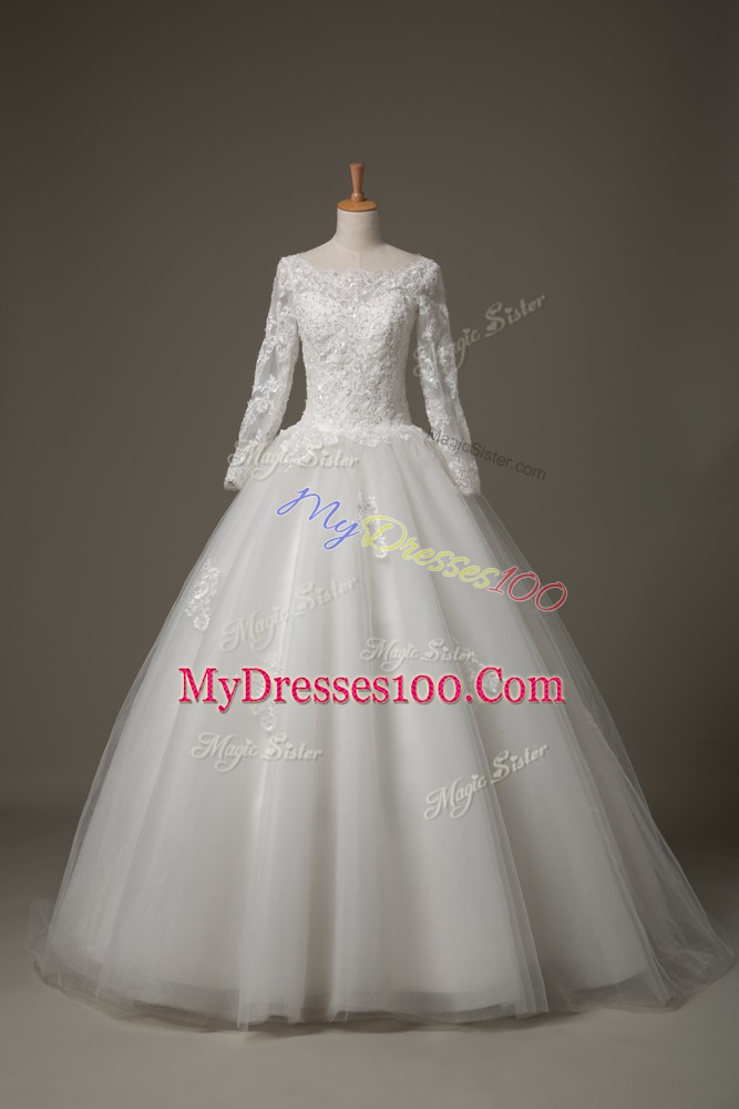 3 4 Length Sleeve Beading and Lace Lace Up Wedding Gown with White Brush Train