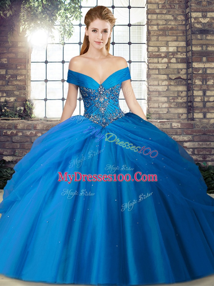 Off The Shoulder Sleeveless Brush Train Lace Up Quince Ball Gowns Blue Tulle