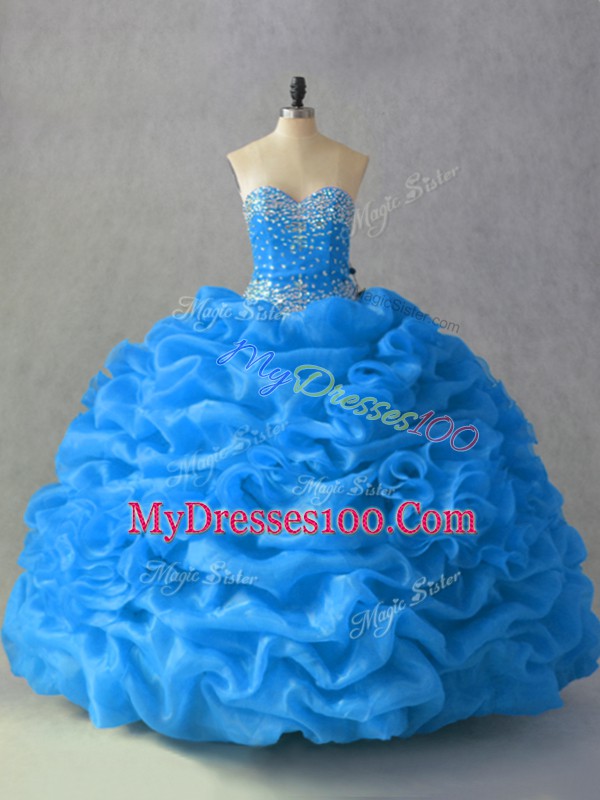 Floor Length Blue Quinceanera Gown Organza Sleeveless Beading and Pick Ups and Hand Made Flower