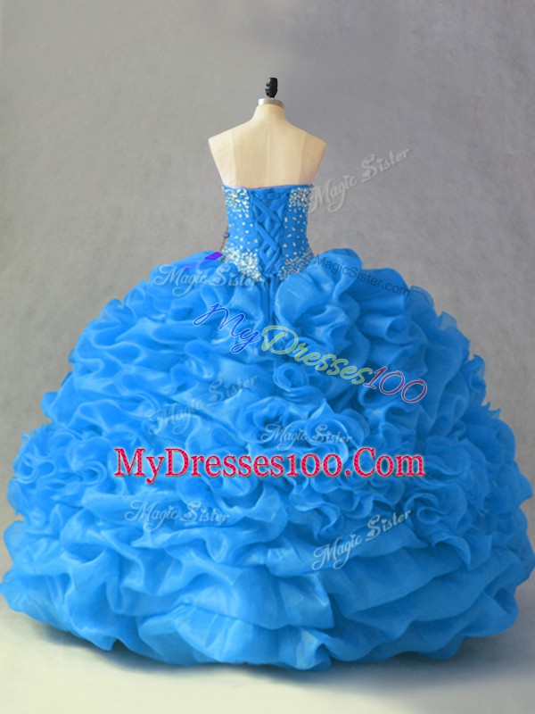 Floor Length Blue Quinceanera Gown Organza Sleeveless Beading and Pick Ups and Hand Made Flower