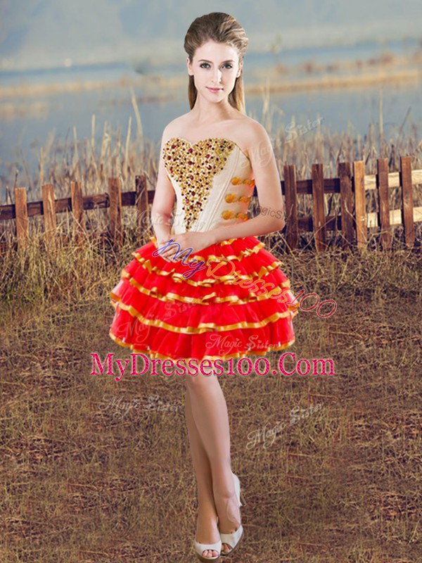 Red Sweetheart Lace Up Beading and Ruffled Layers Cocktail Dresses Sleeveless