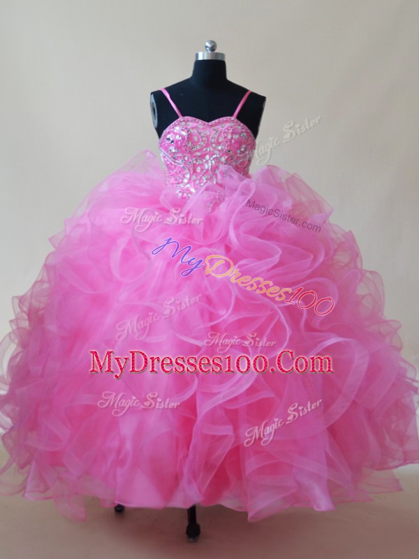 Beauteous Rose Pink Sleeveless Floor Length Beading and Ruffles Lace Up Little Girls Pageant Gowns