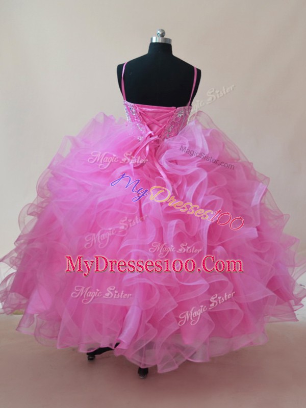Beauteous Rose Pink Sleeveless Floor Length Beading and Ruffles Lace Up Little Girls Pageant Gowns