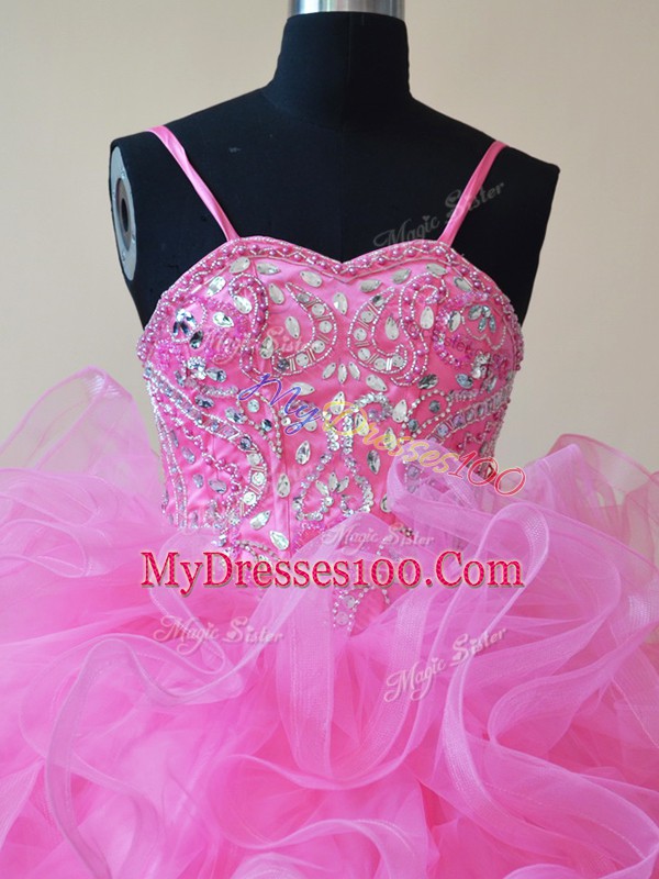 Beauteous Rose Pink Sleeveless Floor Length Beading and Ruffles Lace Up Little Girls Pageant Gowns
