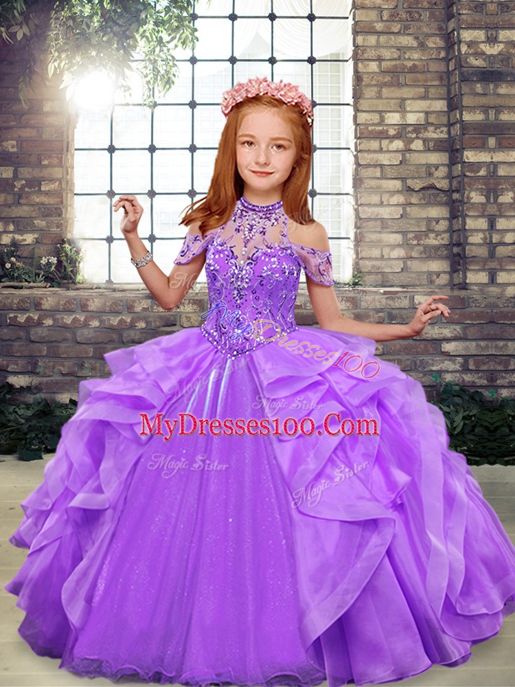Lavender Lace Up Girls Pageant Dresses Beading and Ruffles Sleeveless Floor Length