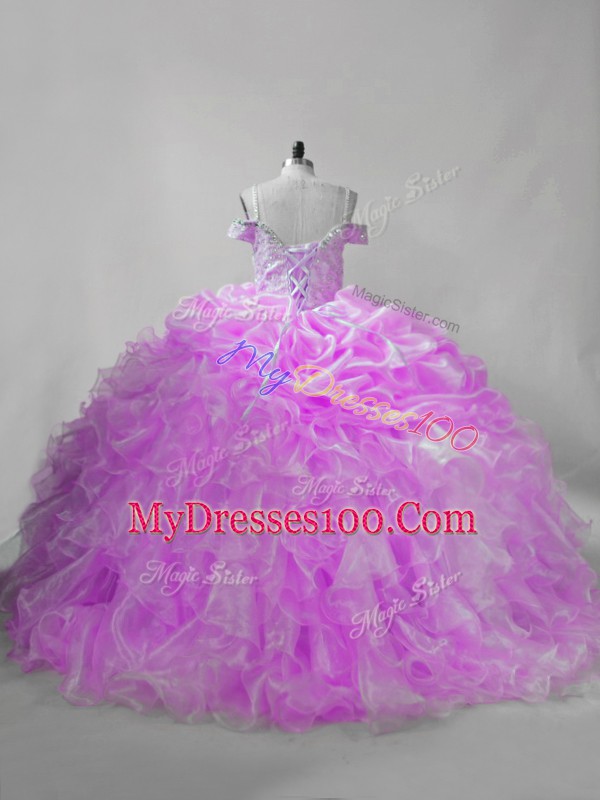 Flirting Lilac Straps Neckline Beading and Ruffles and Pick Ups Quinceanera Gowns Sleeveless Lace Up