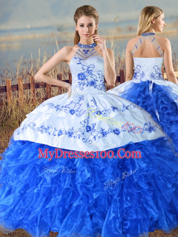 Fine Blue And White Vestidos de Quinceanera Sweet 16 and Quinceanera with Embroidery and Ruffles Halter Top Sleeveless Lace Up