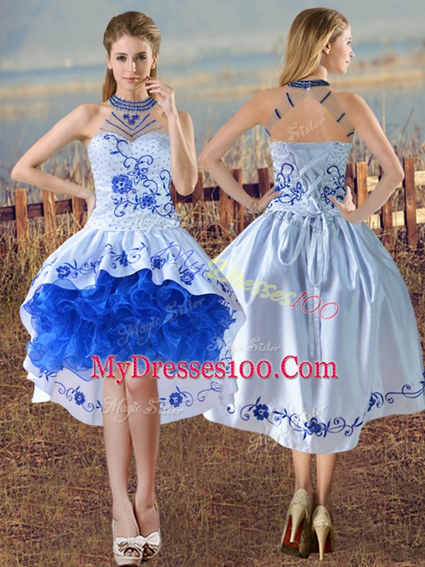 Fine Blue And White Vestidos de Quinceanera Sweet 16 and Quinceanera with Embroidery and Ruffles Halter Top Sleeveless Lace Up