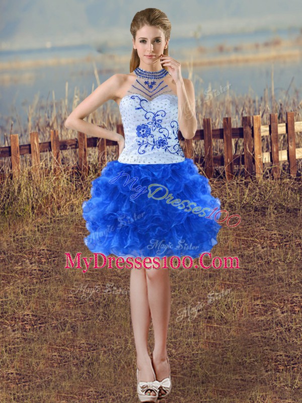 Fine Blue And White Vestidos de Quinceanera Sweet 16 and Quinceanera with Embroidery and Ruffles Halter Top Sleeveless Lace Up