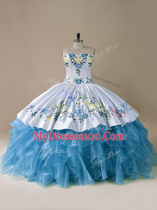 Shining Floor Length Lace Up Quinceanera Gowns Blue for Sweet 16 and Quinceanera with Embroidery and Ruffles